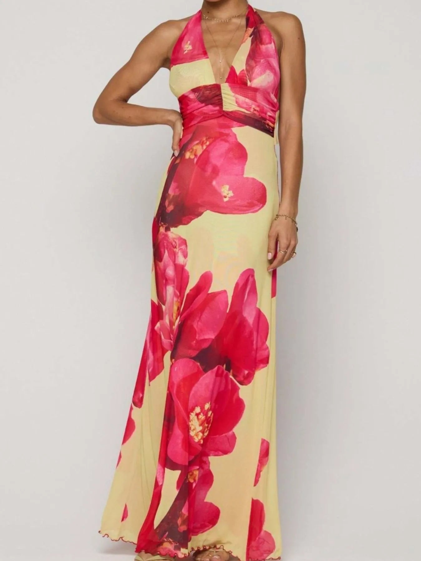 Floral Halter Neck Deep V Maxi Dress - Backless & Ruched.