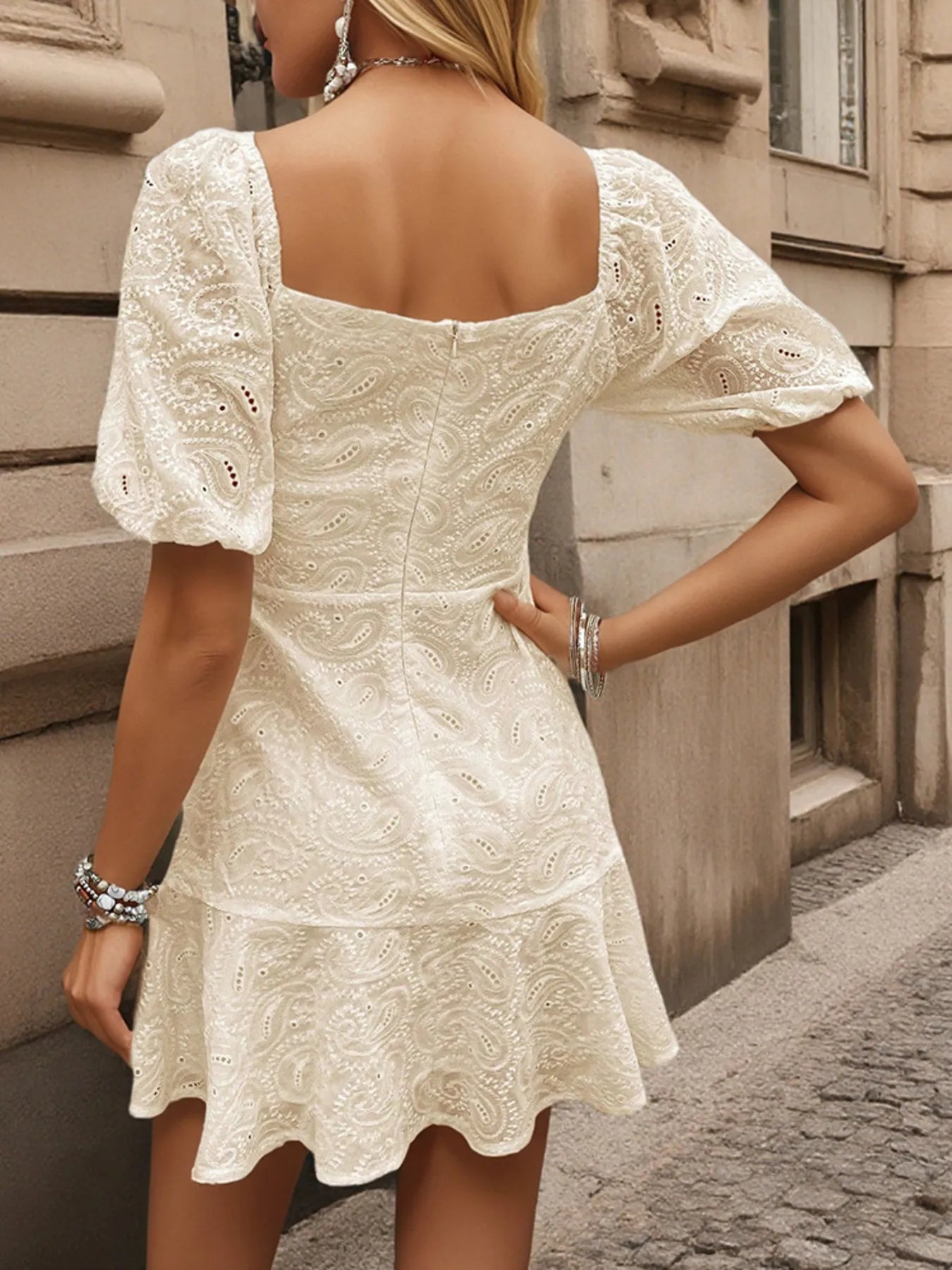 Eyelet Puff Sleeve Mini Dress - Ruched & Lace.