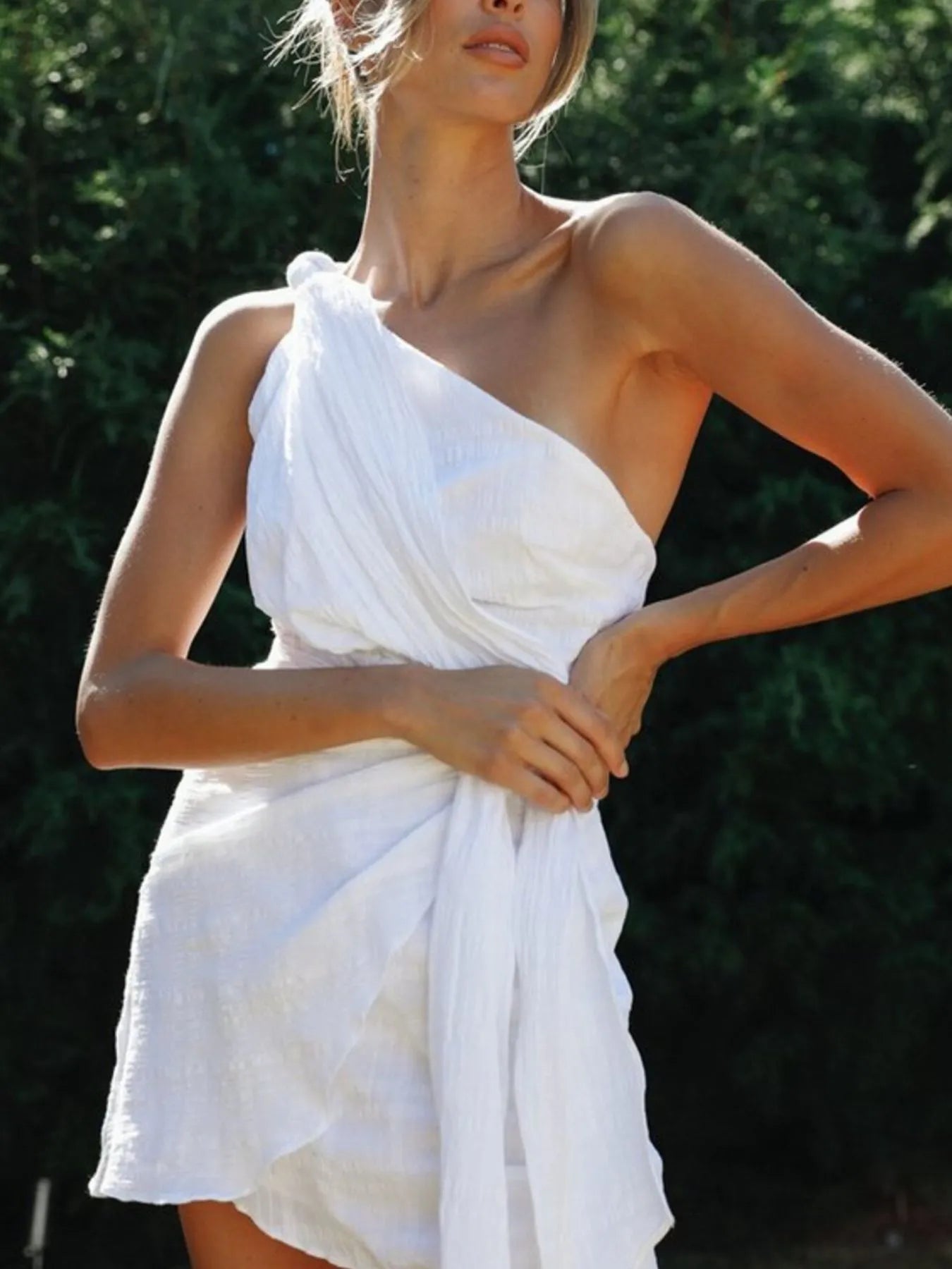 Plus Size Ruched Round Neck Sleeveless Dress - Asymmetrical.