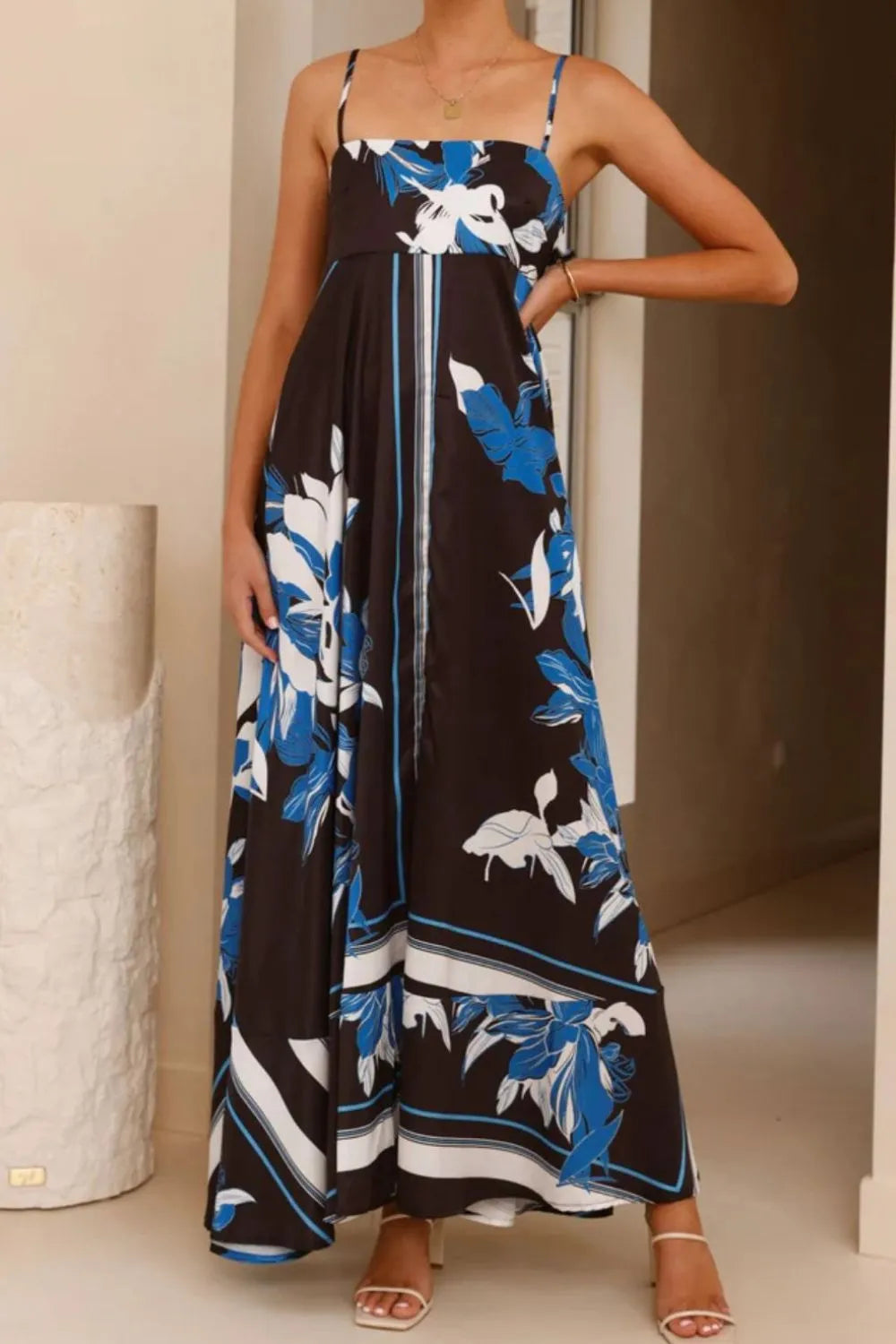 Printed Square Neck Maxi Cami Dress - Basic.