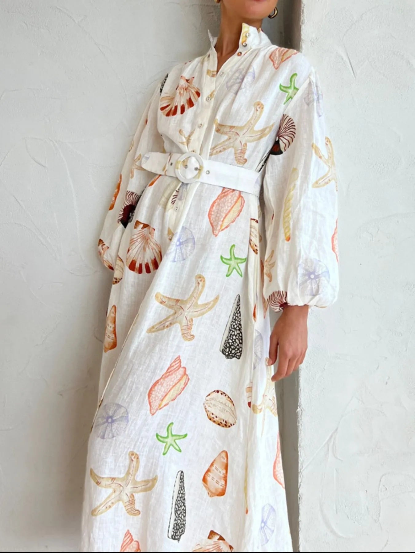 Printed Balloon Sleeve Maxi Shirt Dress with Belt.