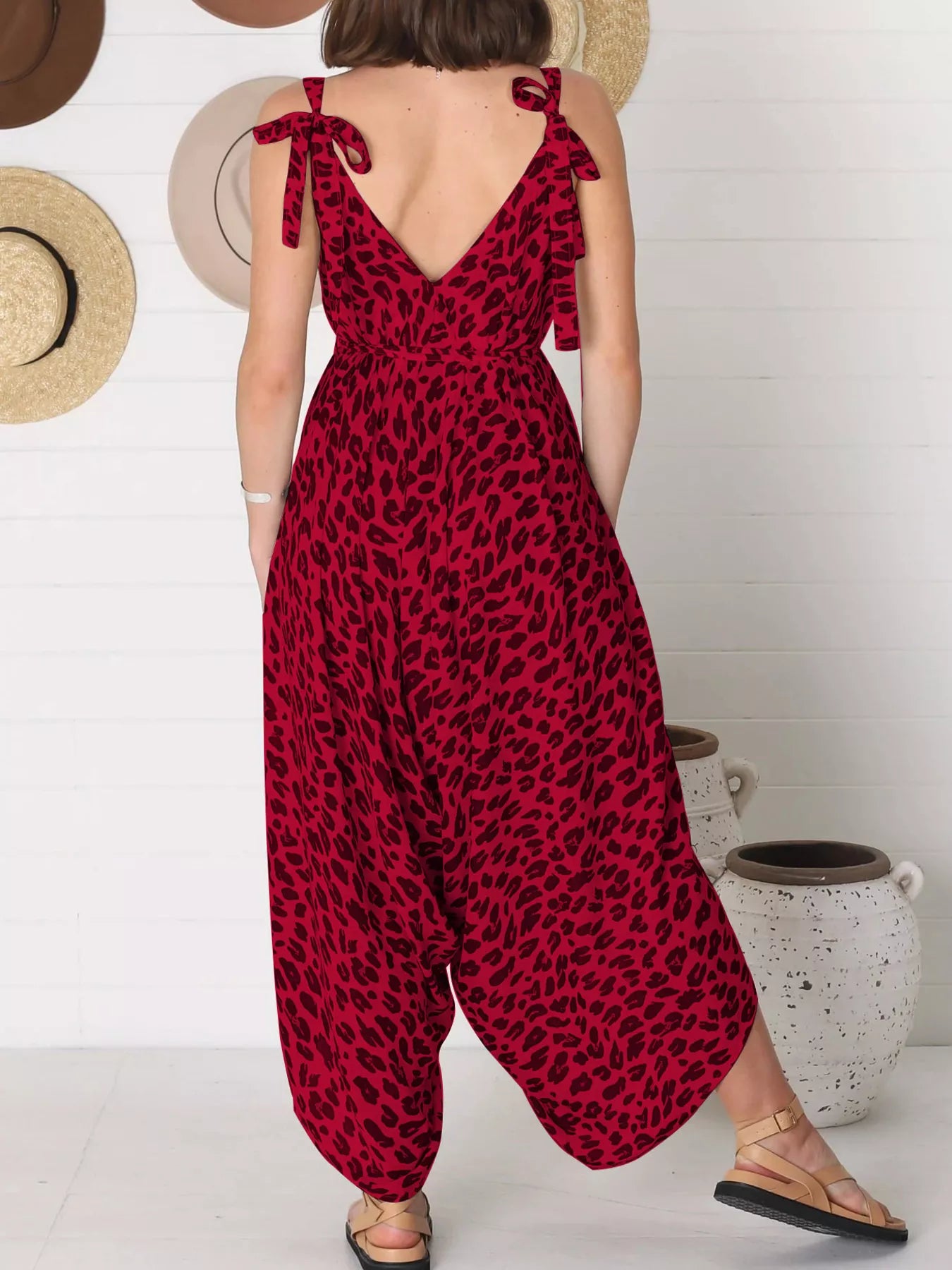 Plus Size Leopard Print V-Neck Wide Leg Jumpsuit with Tie.