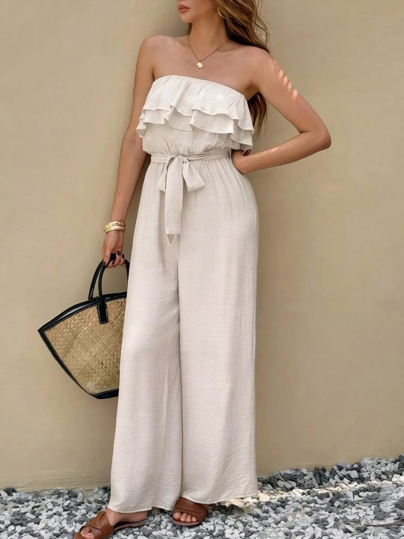 Off-Shoulder Ruffled Wide Leg Jumpsuit with Belt and Layers.