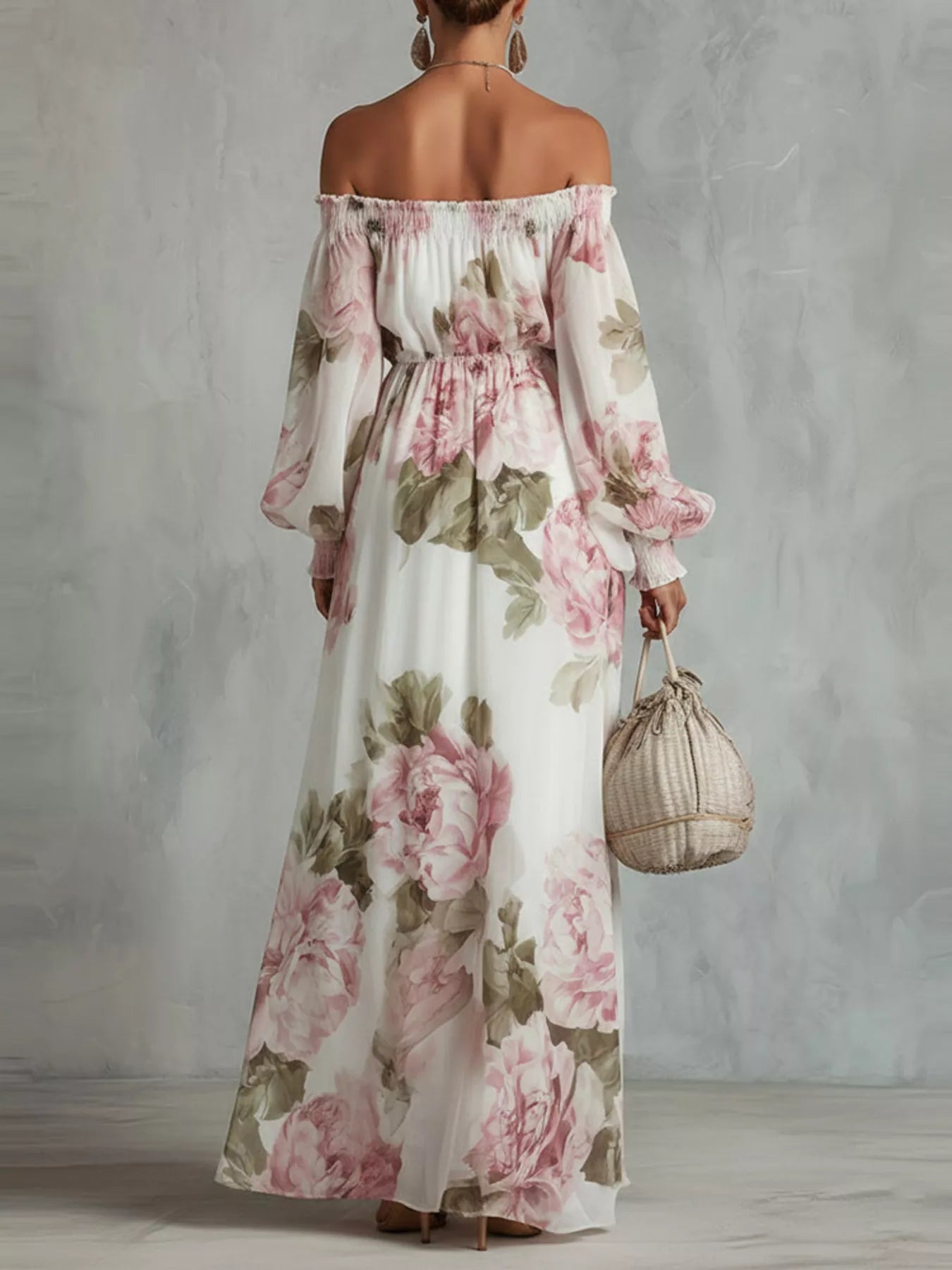 White floral off-shoulder maxi dress with smocked waist, ruffled details, and long flowy sleeves