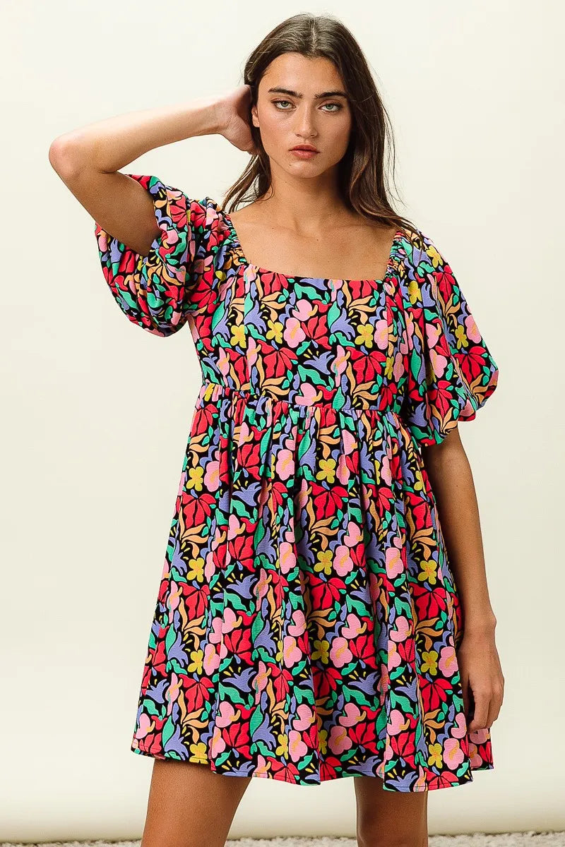 Floral Print Ruffled Hem Dress - Cutout & Tied.