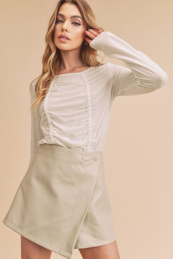 Ruched Front Round Neck Long Sleeve T-Shirt