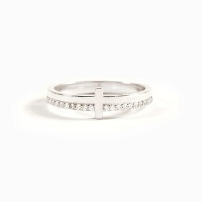925 sterling silver cross ring with a polished slim band, raised cross motif, and a sparkling row of zircon stones for refined everyday style.