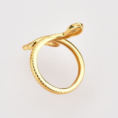 Gold-toned 18K-plated 925 sterling silver snake-shape ring with a sculptural serpentine design that wraps the finger in a sleek, textured silhouette.