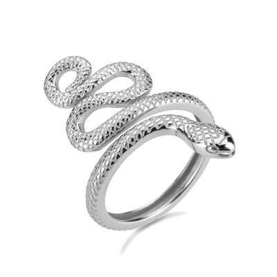 A 925 sterling silver snake-shape ring in a silver tone features a coiled serpentine band with textured scales and a sculpted snake head.