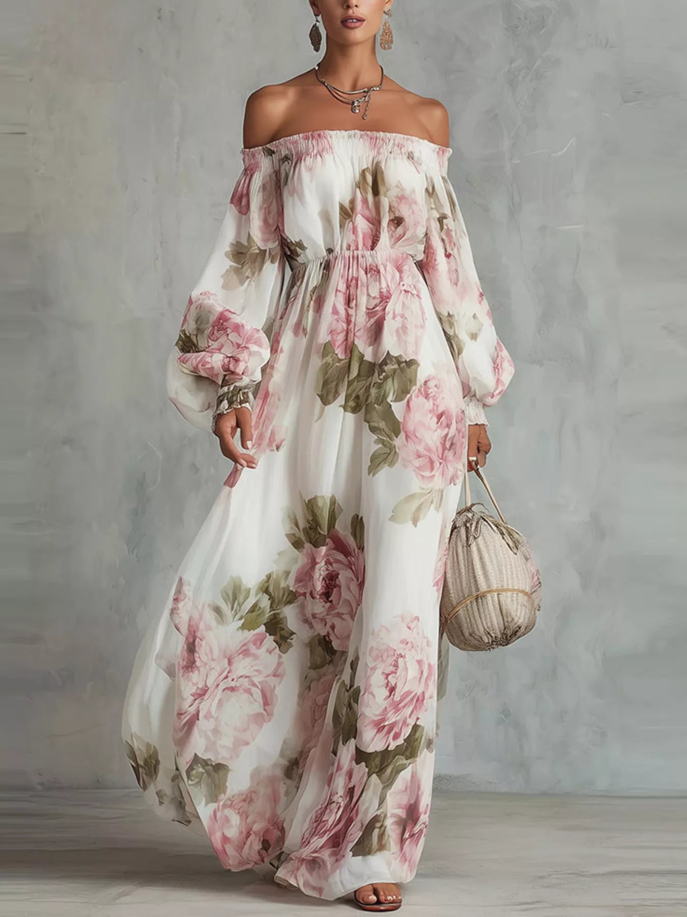 White floral off-shoulder maxi dress with smocked waist, ruffled details, and long flowy sleeves