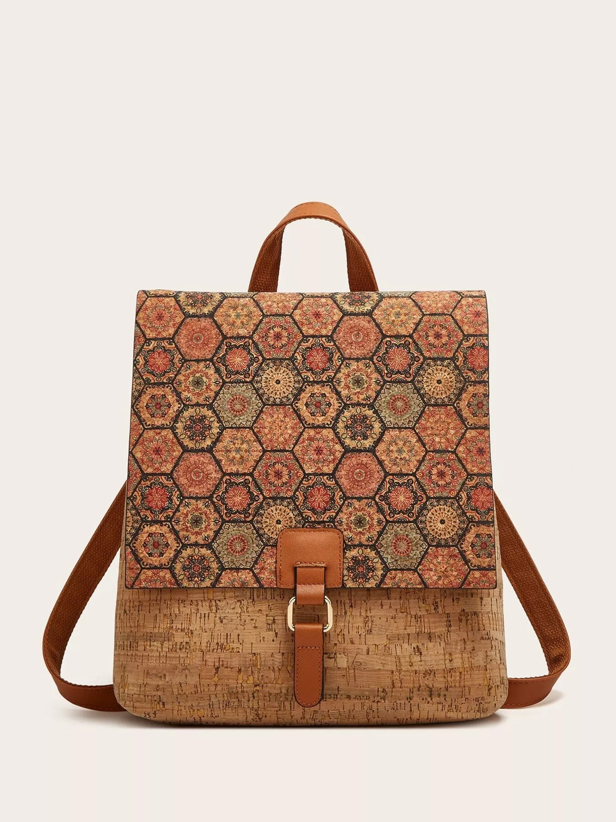 Medium PU leather backpack with a vintage bark-textured lower body, ornate multicolor patterned flap, tan straps, and a centered buckle closure.