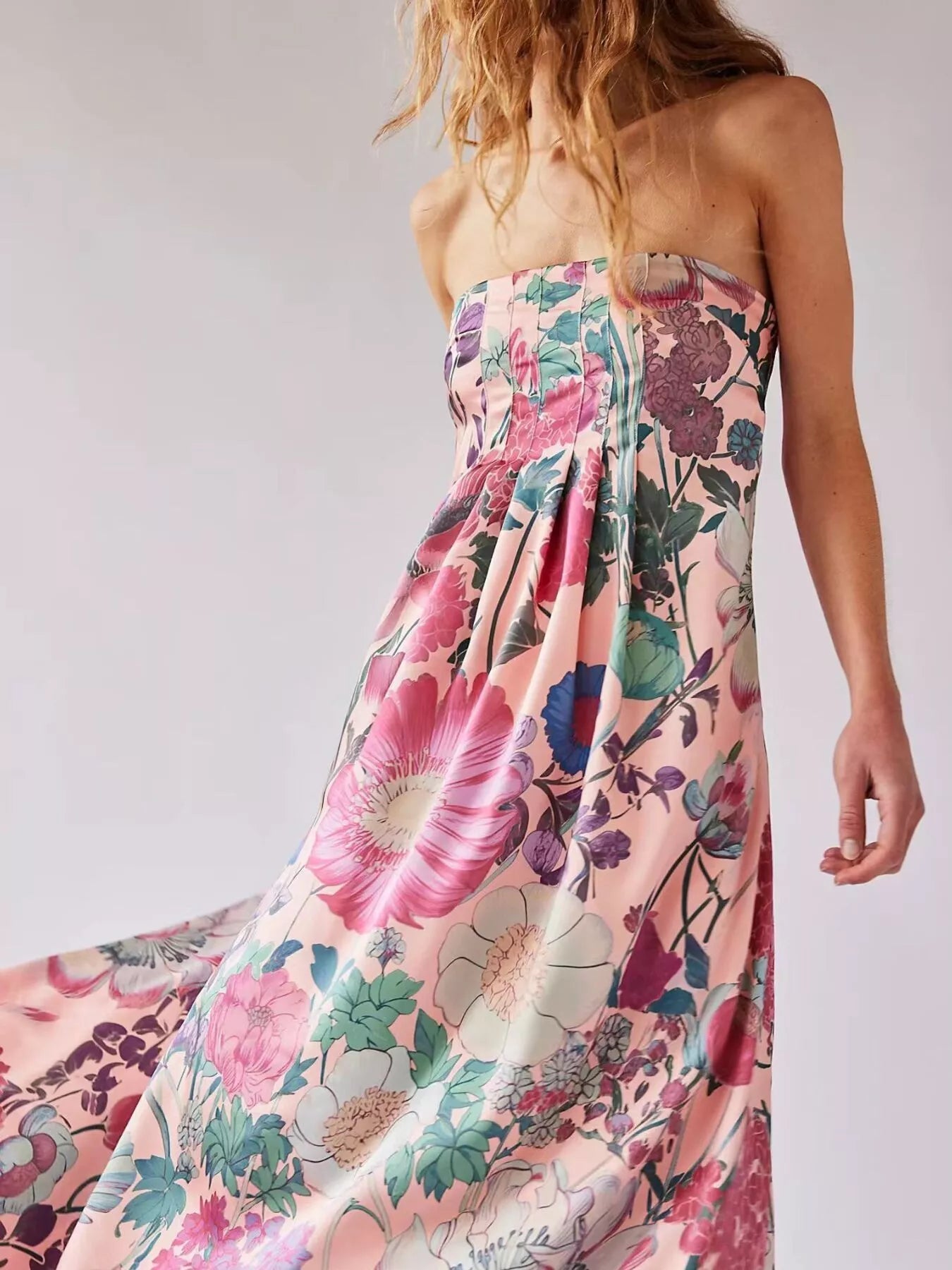 Floral Print Smocked Midi Dress with Front Slit - Ruffled & Tied.