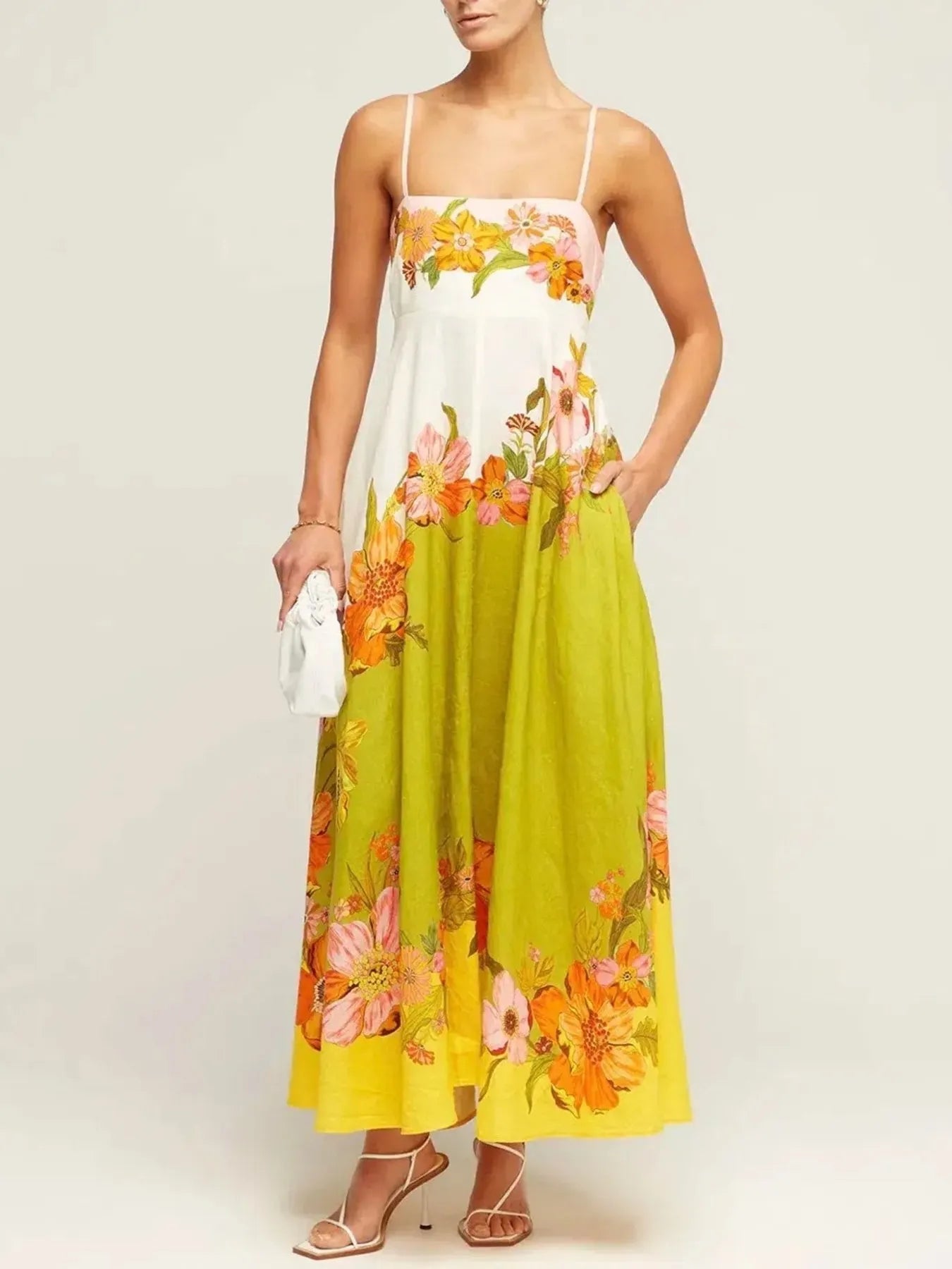 Tropical Print Backless Maxi Sleeveless Dress - Tied.