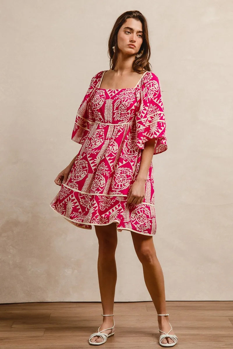 Aztec Woven Printed Contrast Binding Dress - Smocked & Tied.