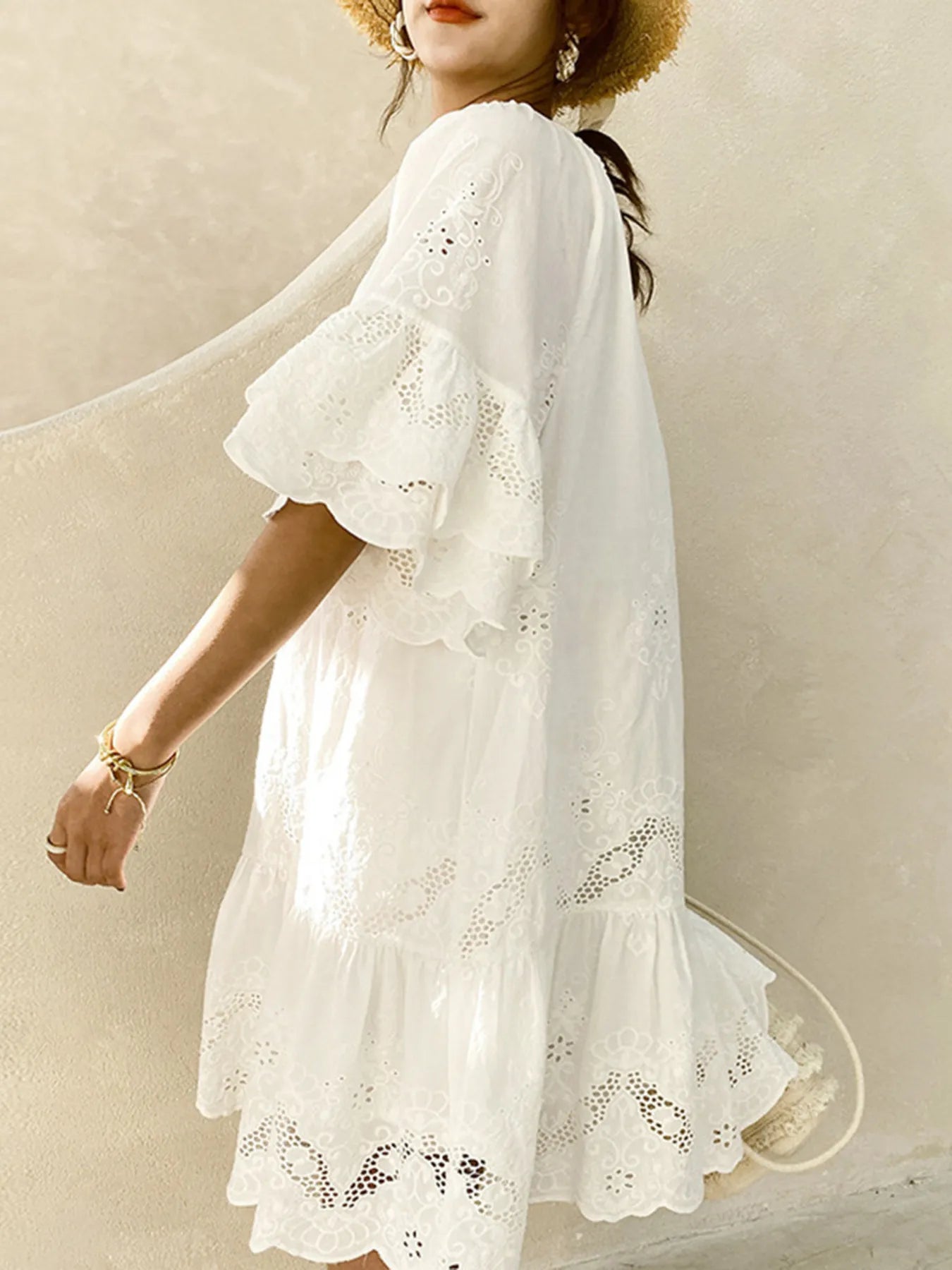 Eyelet Embroidered Tassel Tie Neck Dress - Ruffled.