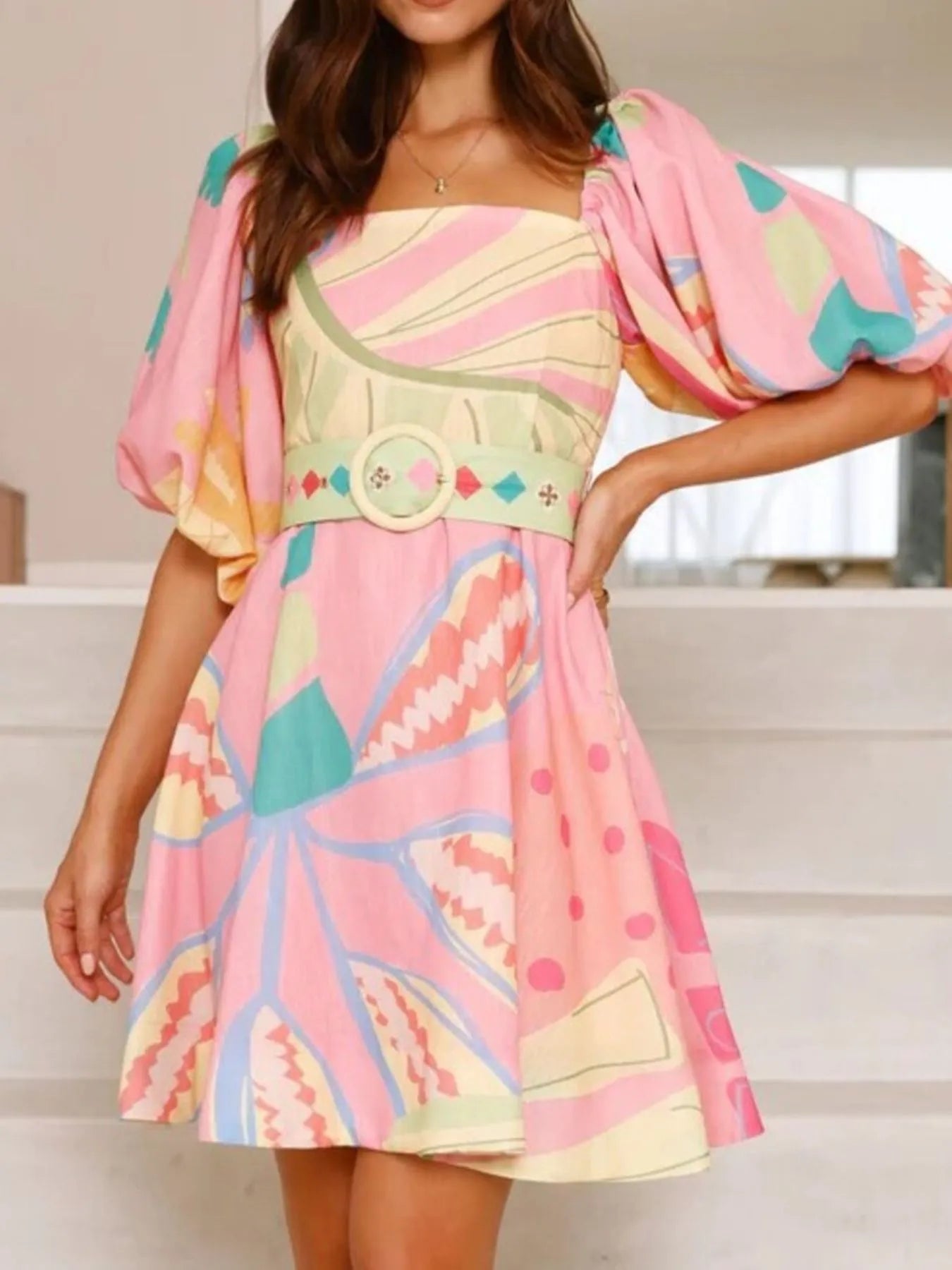 Plus Size Printed Square Neck Tie Back Maxi Dress with Pockets.