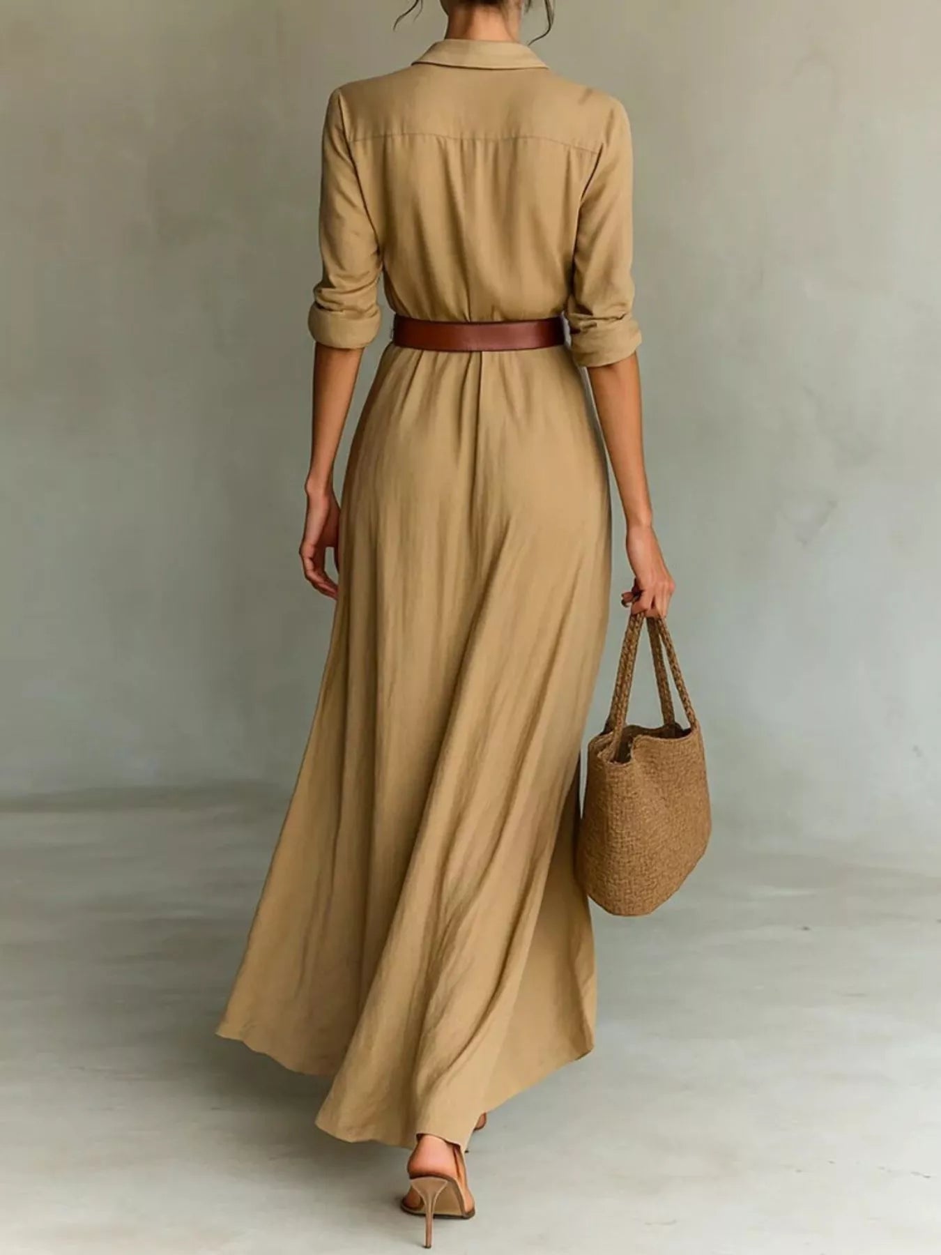 Plus-size khaki, black, white and navy V-neck ruched maxi dress with long sleeves and belt