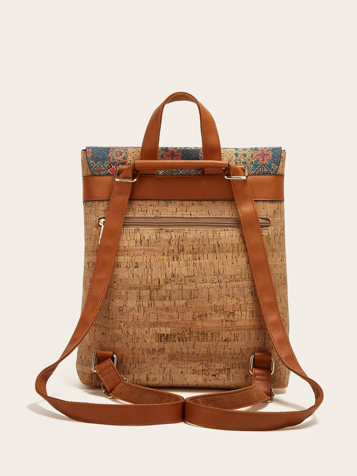 Medium vintage bark-print backpack in tan PU leather with brown adjustable straps, a patterned flap, top handle, metal buckles, and a front zip pocket.