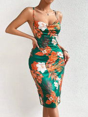 Crisscross Back Floral Print Bodycon Dress - Ruched & Tied.