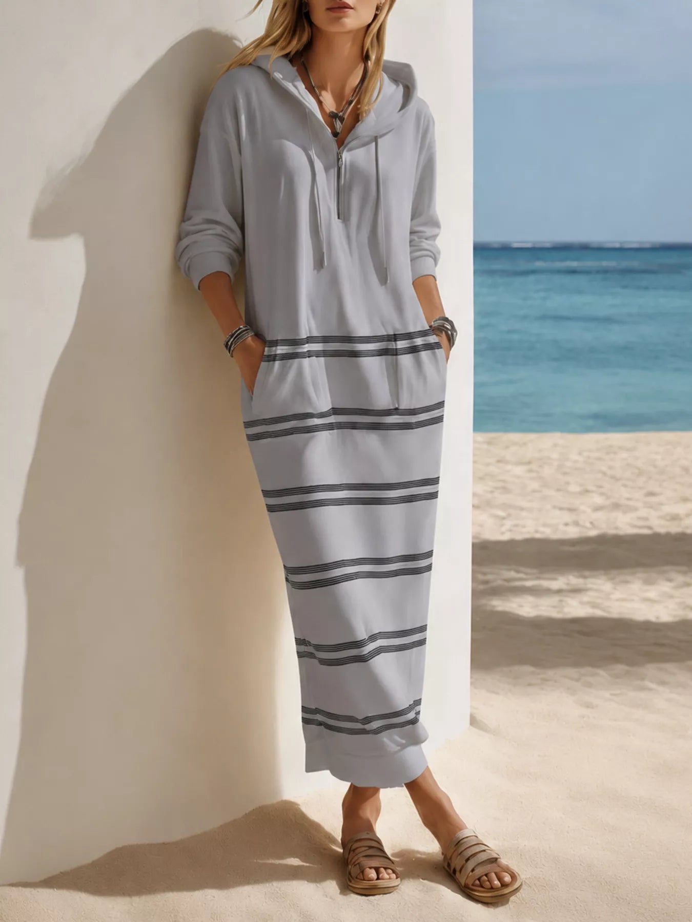 Striped hooded maxi dress with drawstring, pockets, zipper, and long sleeves in multiple colors