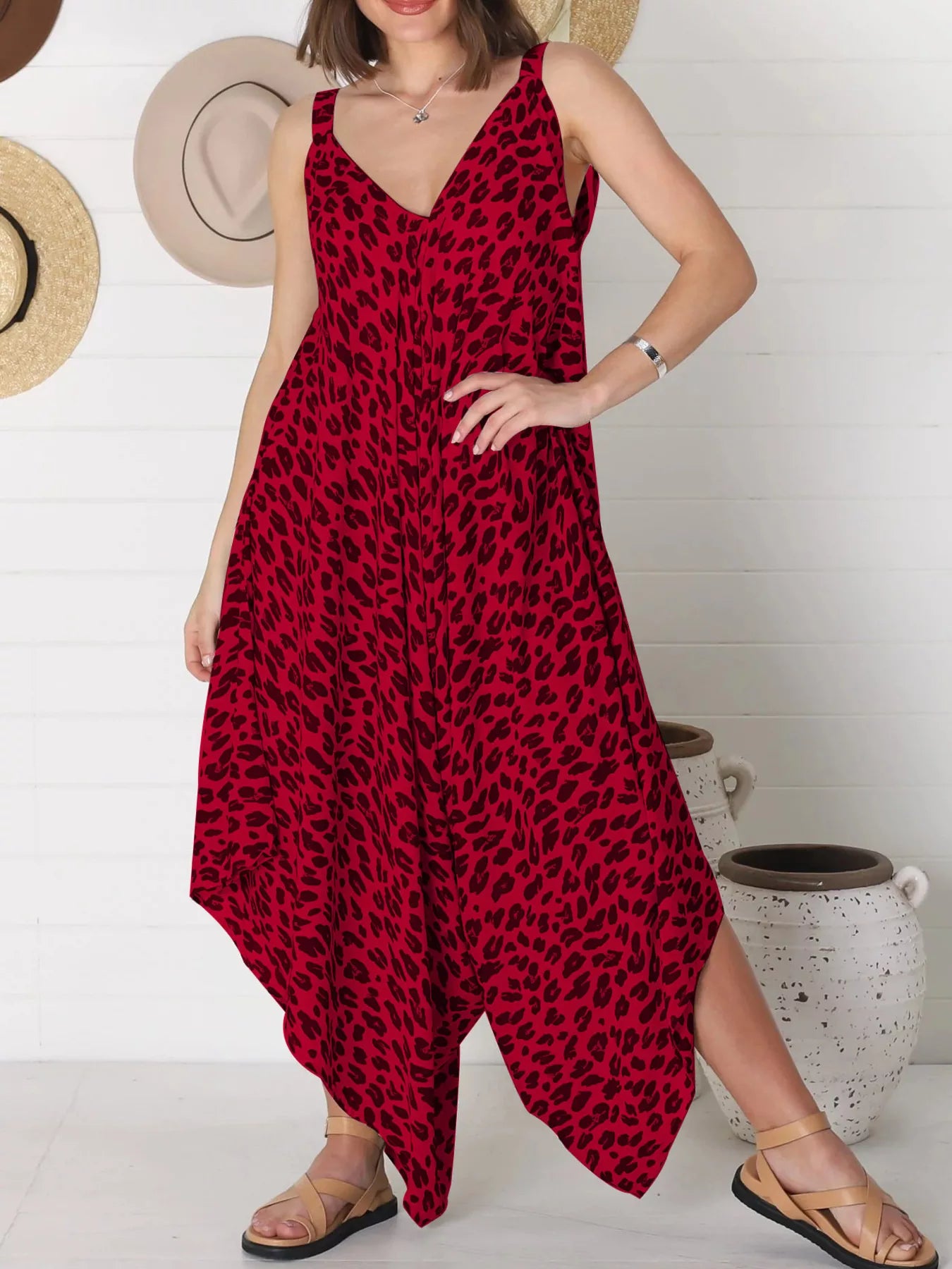 Plus Size Leopard Print V-Neck Wide Leg Jumpsuit with Tie.