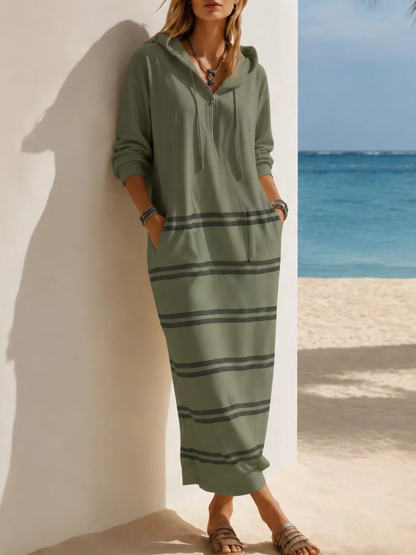 Striped hooded maxi dress with drawstring, pockets, zipper, and long sleeves in multiple colors