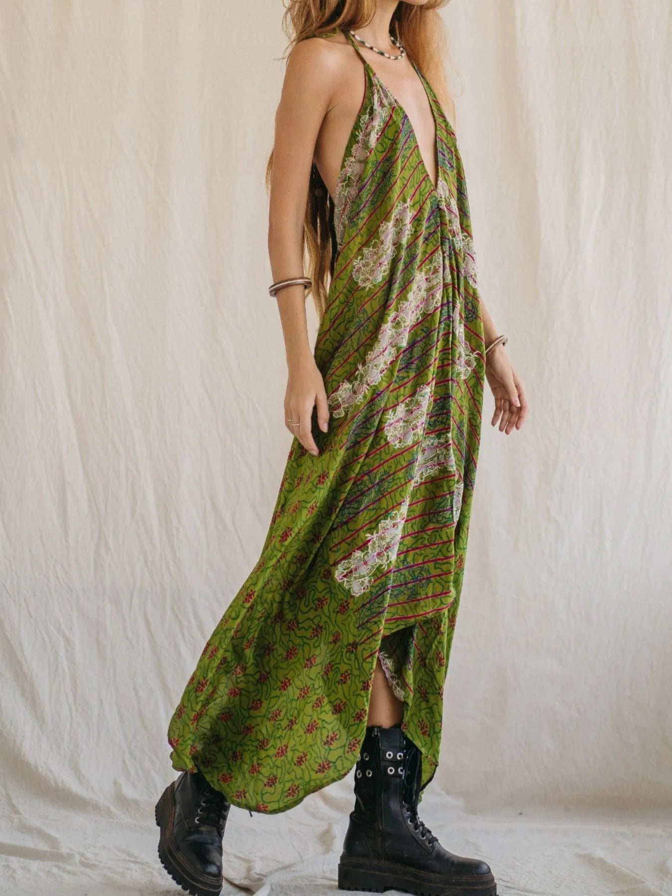 Backless Printed Halter Neck Maxi Dress - Tied.