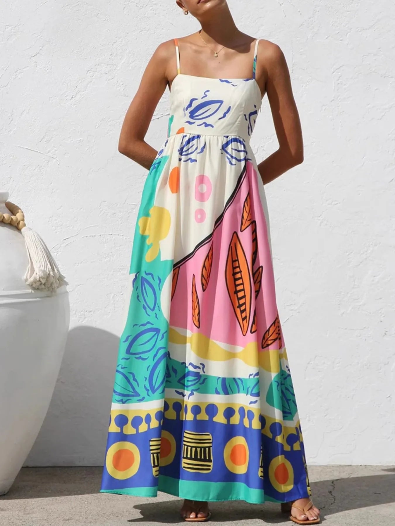 Printed Square Neck Maxi Cami Dress - Tiered.