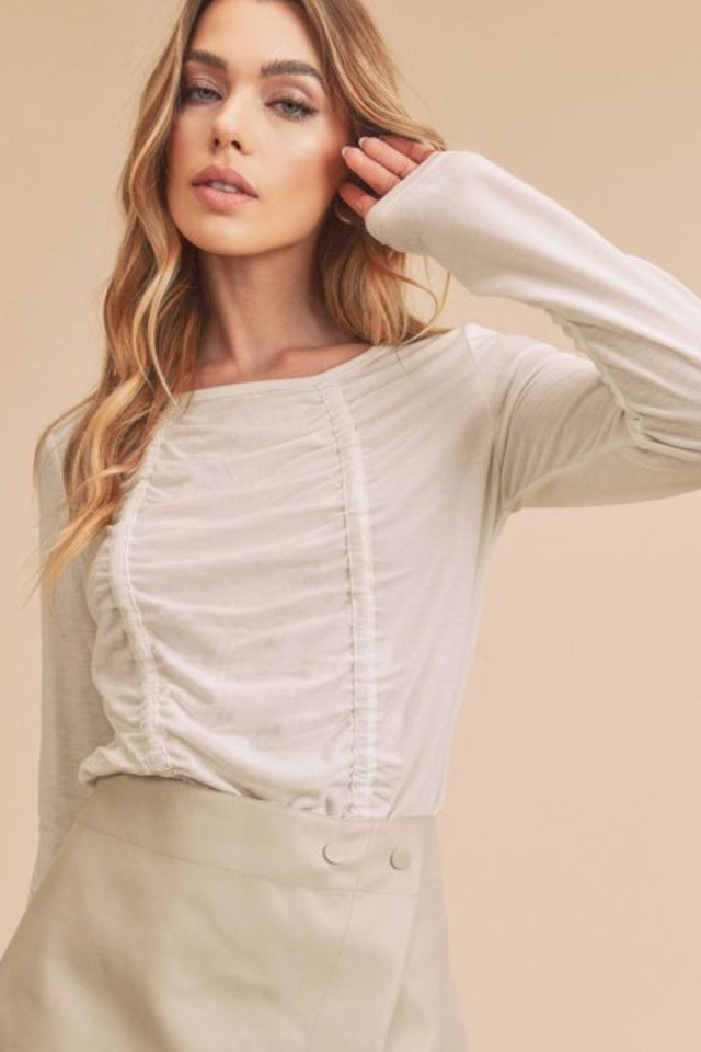 Ruched Front Round Neck Long Sleeve T-Shirt