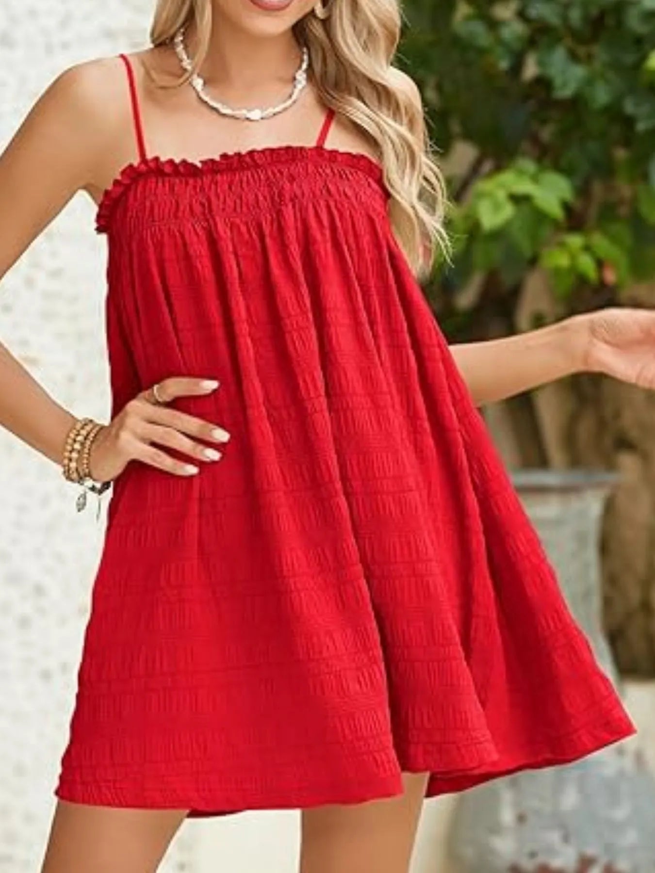 Frill Tiered Tie Shoulder Mini Dress - Lined.