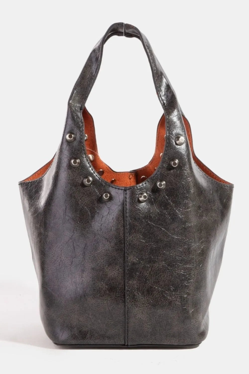 Weathered Faux Leather and Studs Bucket Bag - Black Tote.