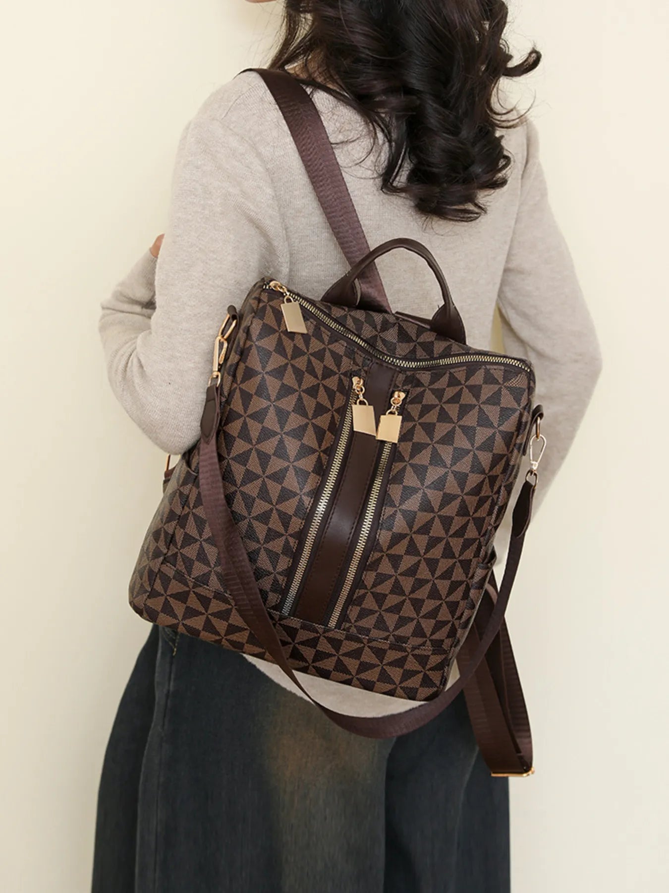 Geometric Pattern Backpack Bag - Medium PU Leather.