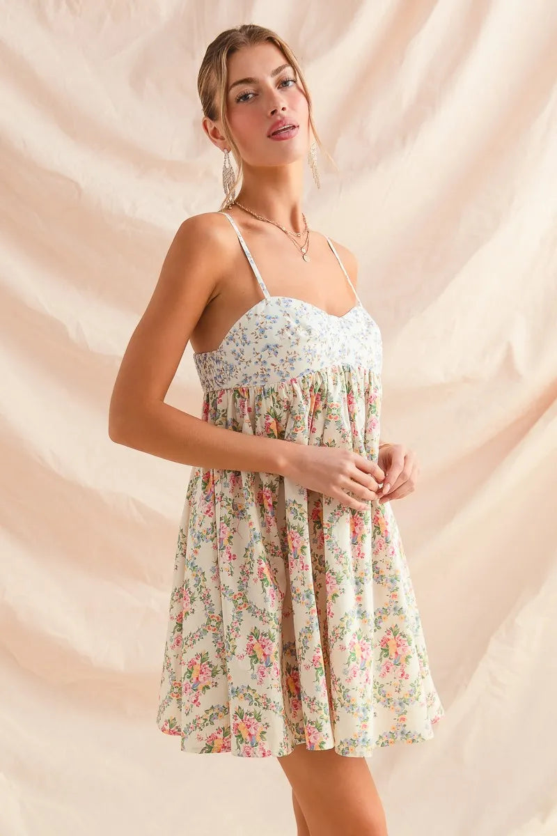 Multi Floral Square Neck Puff Sleeve Maxi Dress with Pockets.