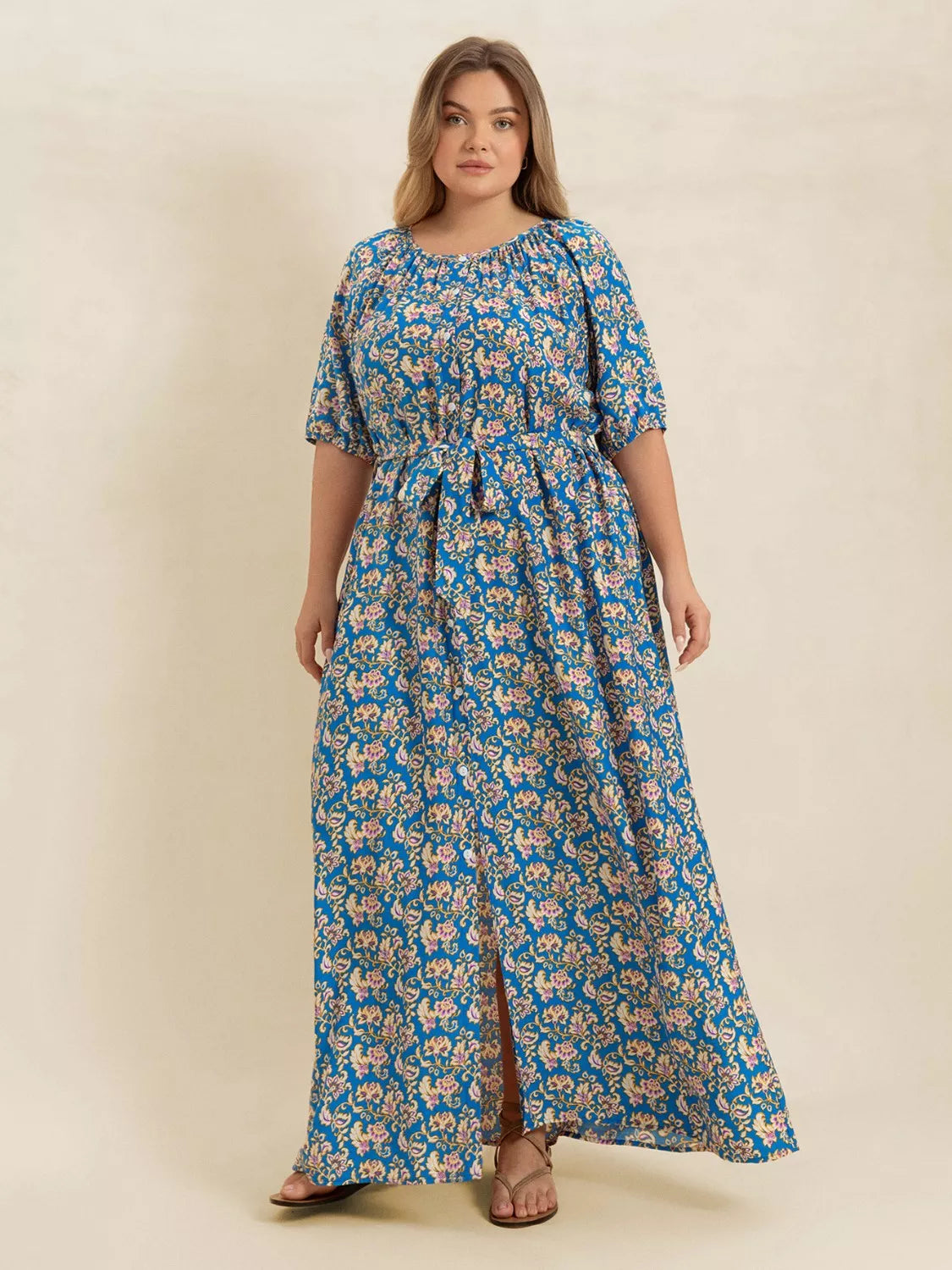 Plus Size Floral Print V-Neck Maxi Dress with Flutter Sleeves - Tiered.