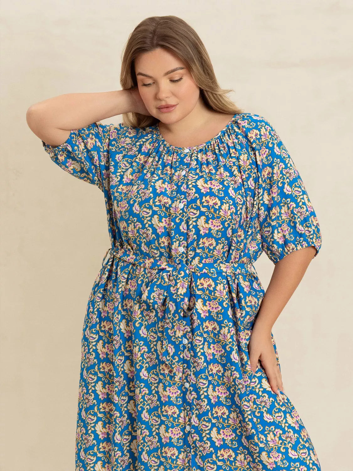 Plus Size Floral Print V-Neck Maxi Dress with Flutter Sleeves - Tiered.