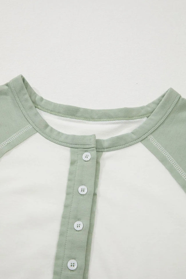 Color Block Raglan Short Sleeve Half Buttons High Low T Shirt
