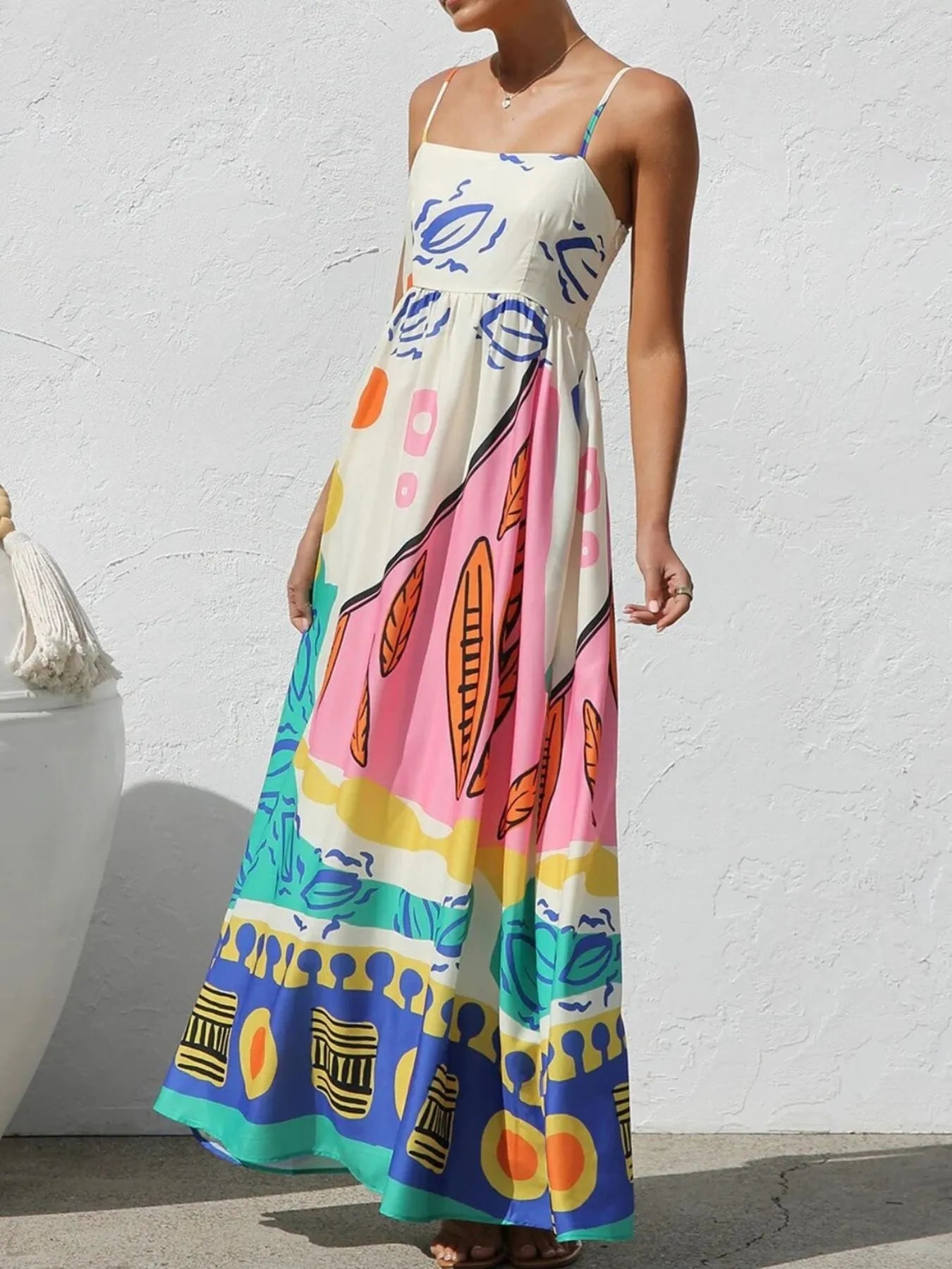 Printed Square Neck Maxi Cami Dress - Tiered.