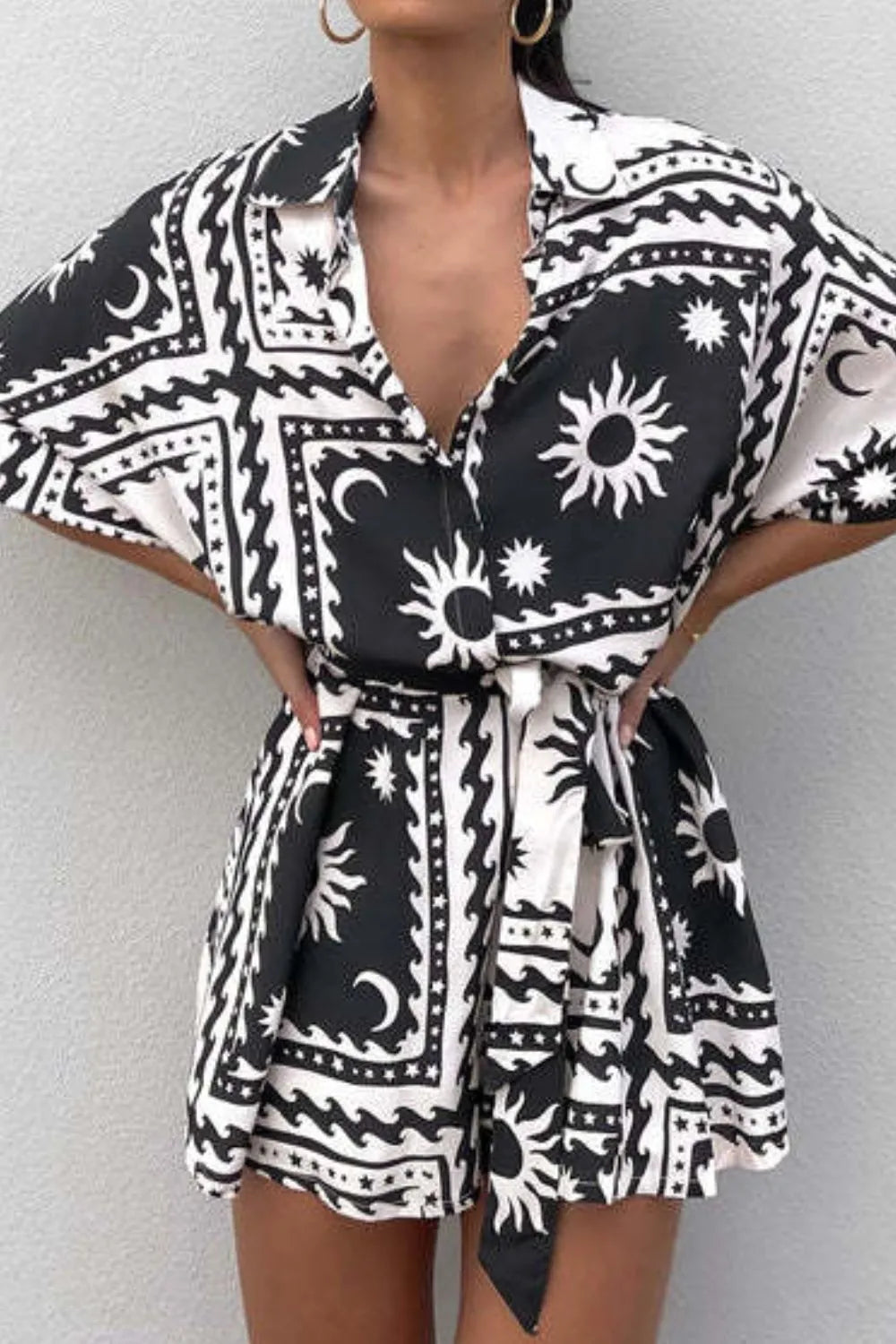 Printed Tie Waist Romper with Buttons.
