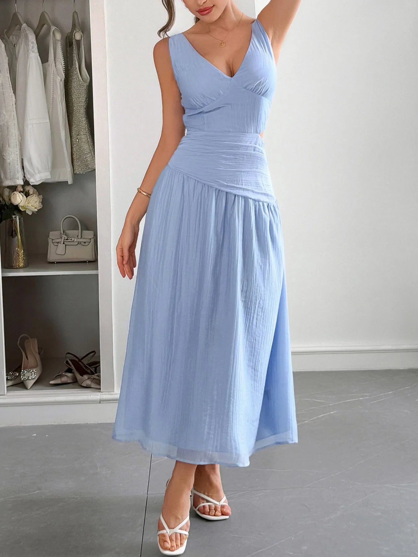 Cutout V-Neck Sleeveless Midi Dress - Ruched.