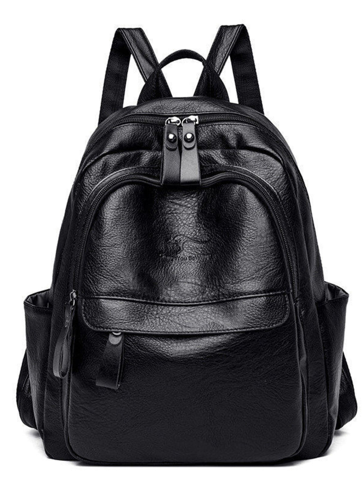 Medium black PU leather backpack bag with a structured silhouette, dual shoulder straps, multiple zippered compartments, and practical side pockets.