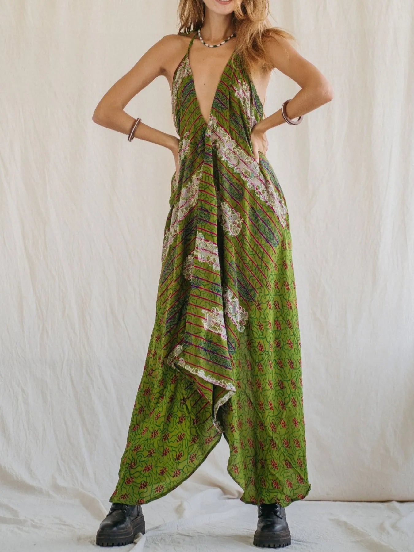 Backless Printed Halter Neck Maxi Dress - Tied.