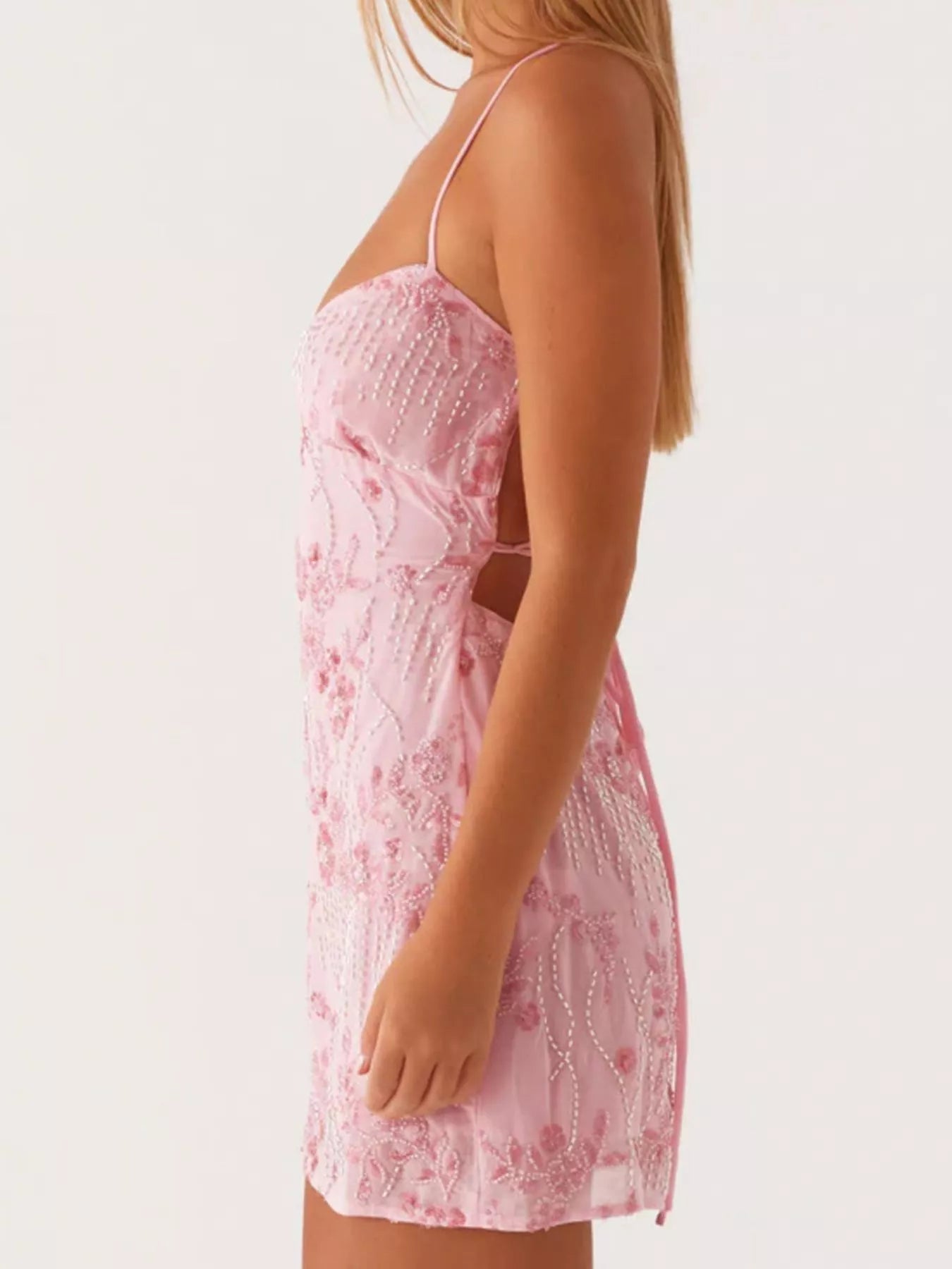Backless Embroidered Sequin Cami Dress - Ruched & Tied.