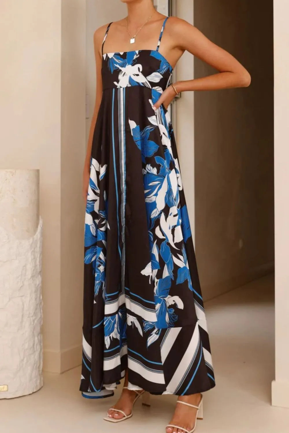 Printed Square Neck Maxi Cami Dress - Basic.