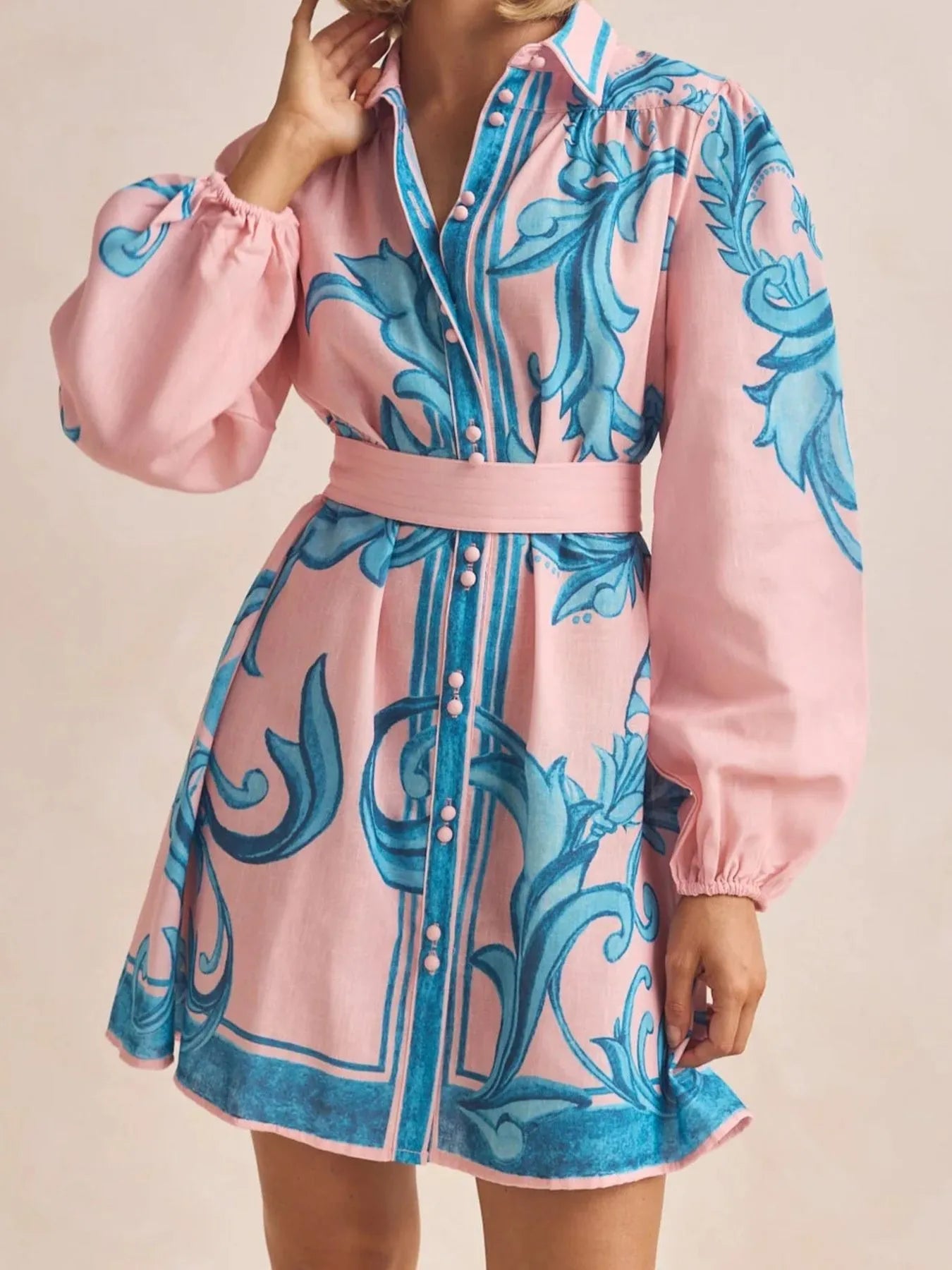 Printed Long Sleeve Shirt Dress with Tied Detail.