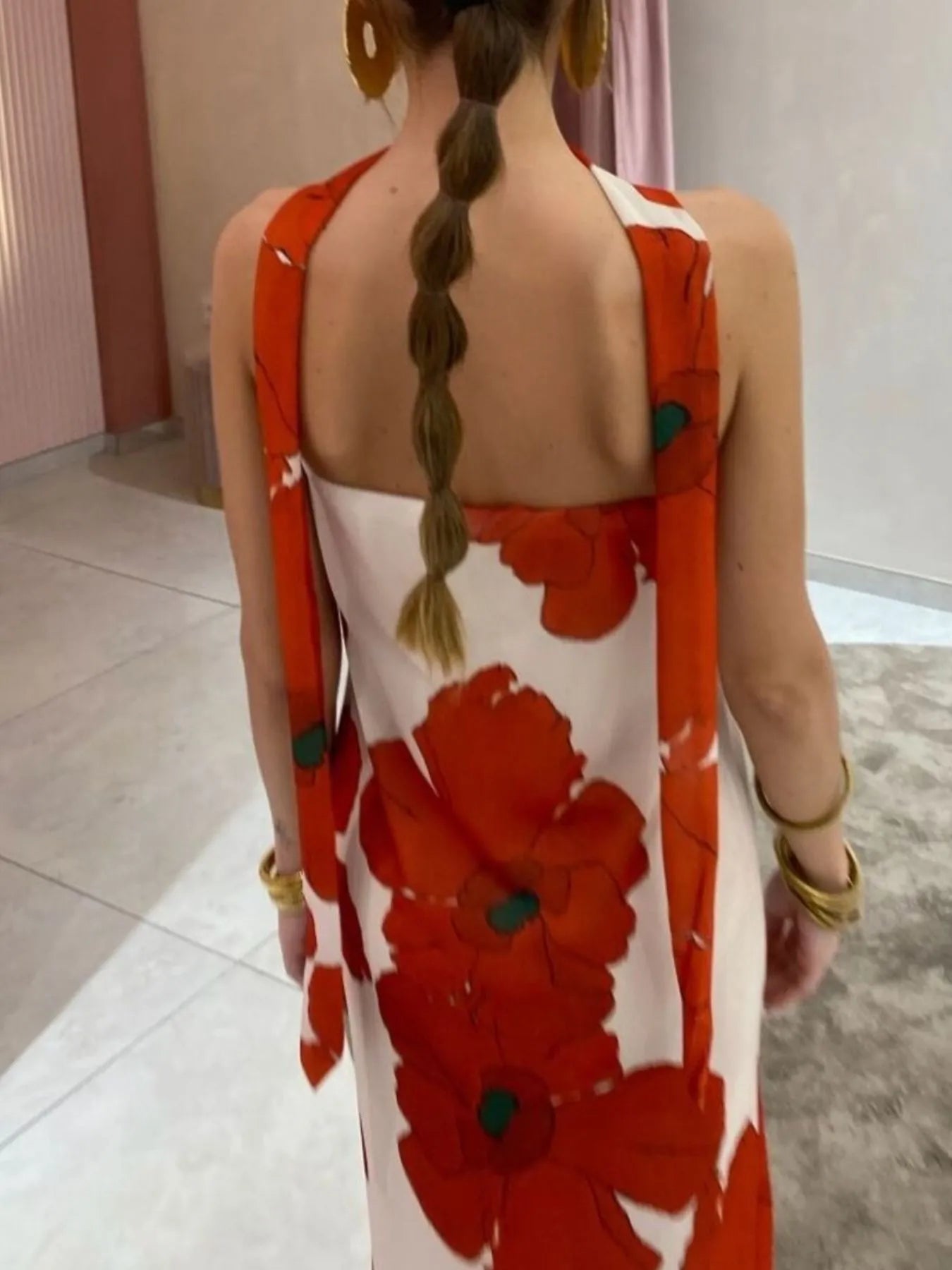 Printed V-Neck Cami Dress - Backless & Cutout.