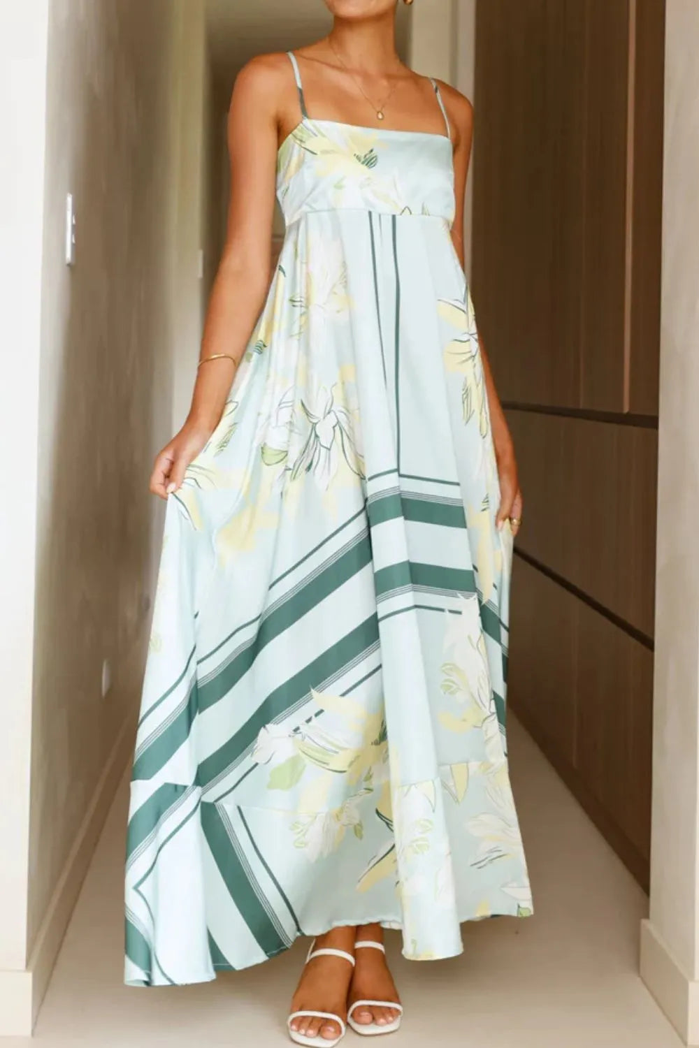 Printed Square Neck Maxi Cami Dress - Basic.