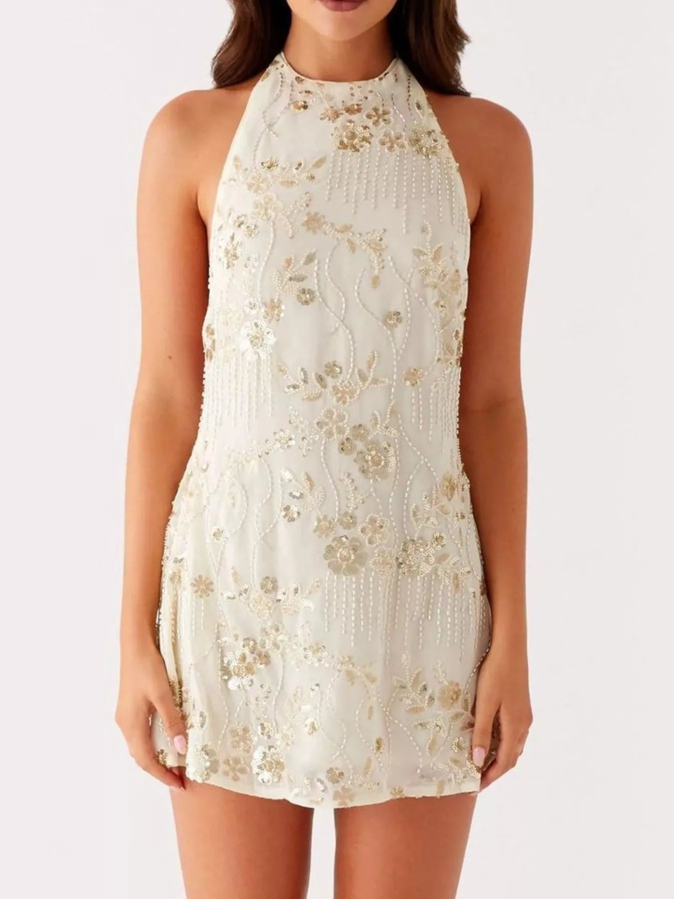 Backless Embroidered Halter Neck Mini Dress - Tied.