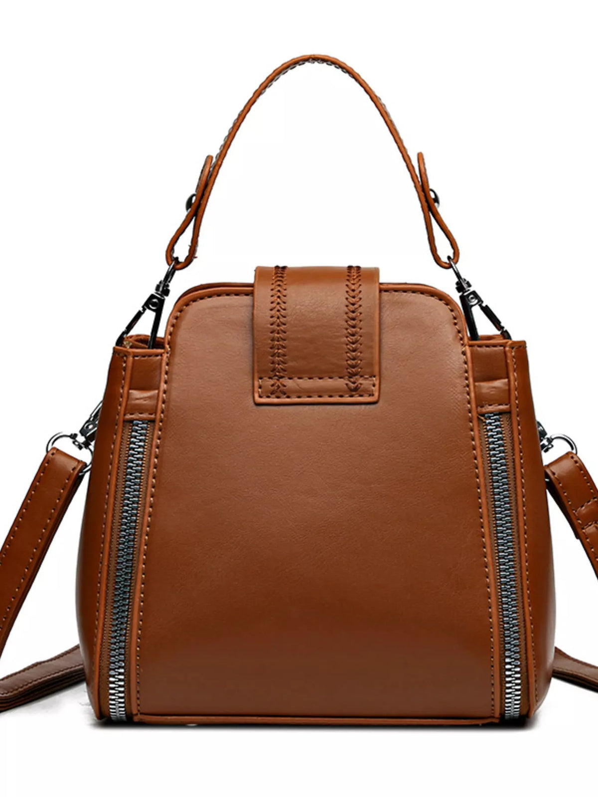 Medium brown PU leather crossbody bag with a structured rectangular silhouette, dual vertical zippers, stitched flap detail, and detachable shoulder straps.