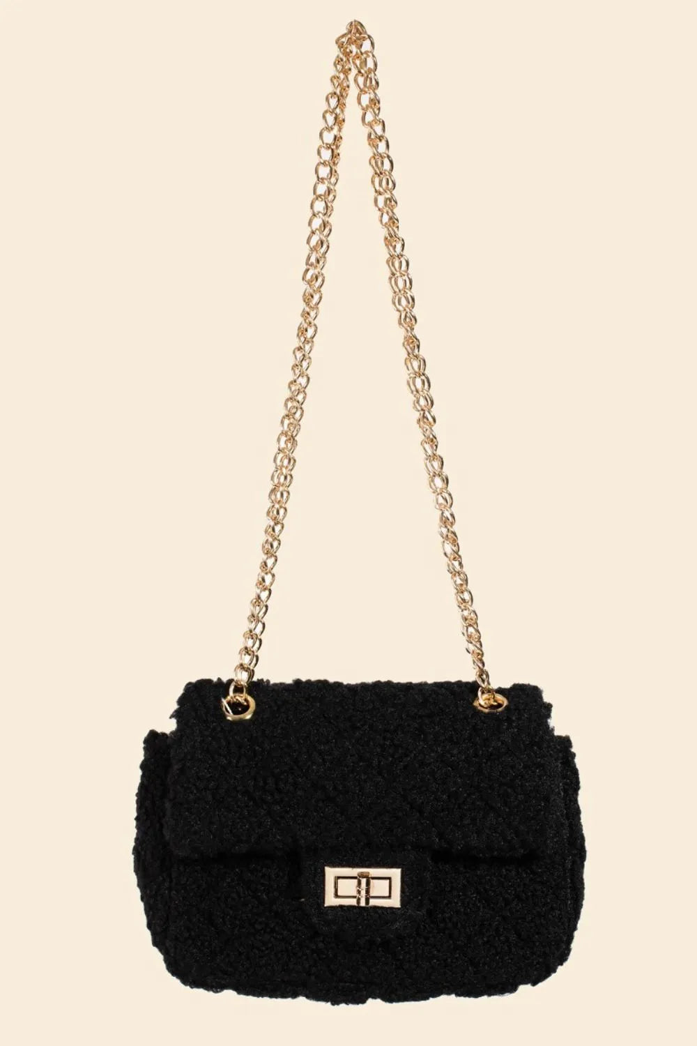 Faux Fur Rectangle Crossbody Bag with Gold Chain.
