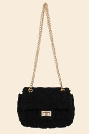 Faux Fur Rectangle Crossbody Bag with Gold Chain.